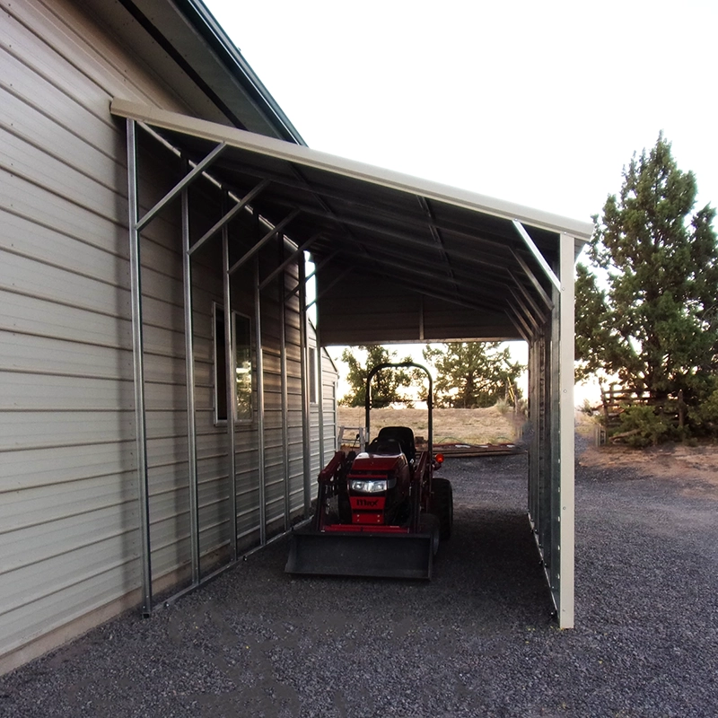 Image of ProMetal lean-to with farm equipment inside.