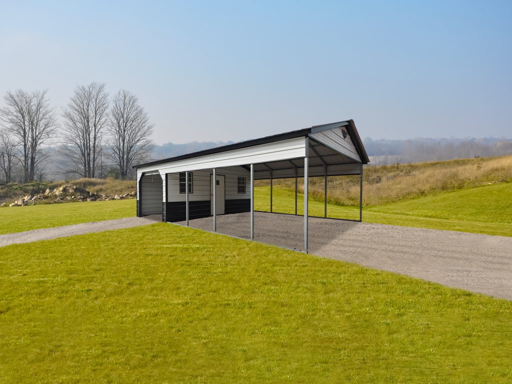 A fully installed combo unit featuring a 20x30 steel carport with an attached 10x10 enclosed storage room. This versatile design provides secure storage for tools and equipment while protecting vehicles from the elements. Custom colors, siding options, and roof styles available.