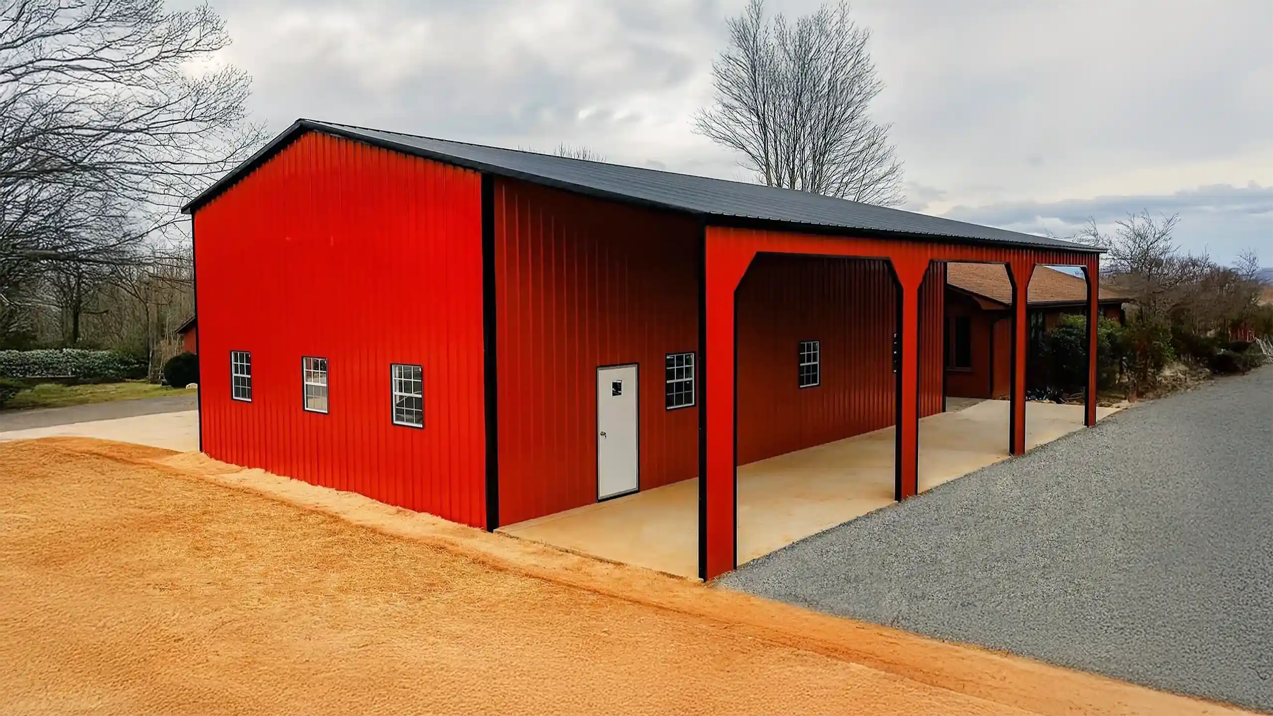 red metal barndominium