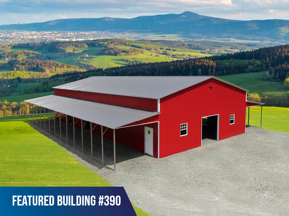 Explore this 64x70 steel horse barn with dual 12x70 lean tos, vertical roof, and durable all steel construction. Designed for strength, space, and low maintenance with free installation included.